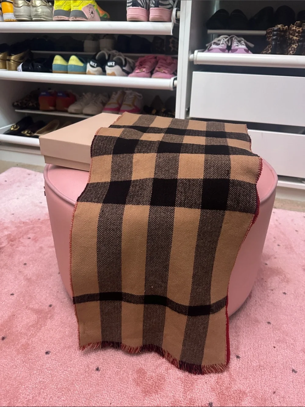 Burberry Tan and Black Check Wool Scarf with red interior